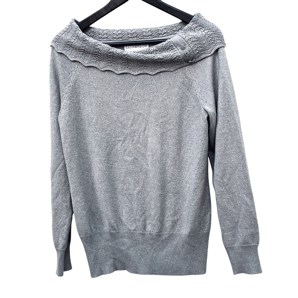 Sag Harbor Silver Metallic portrait‎ collar Sweater Small S Sparkly dressy